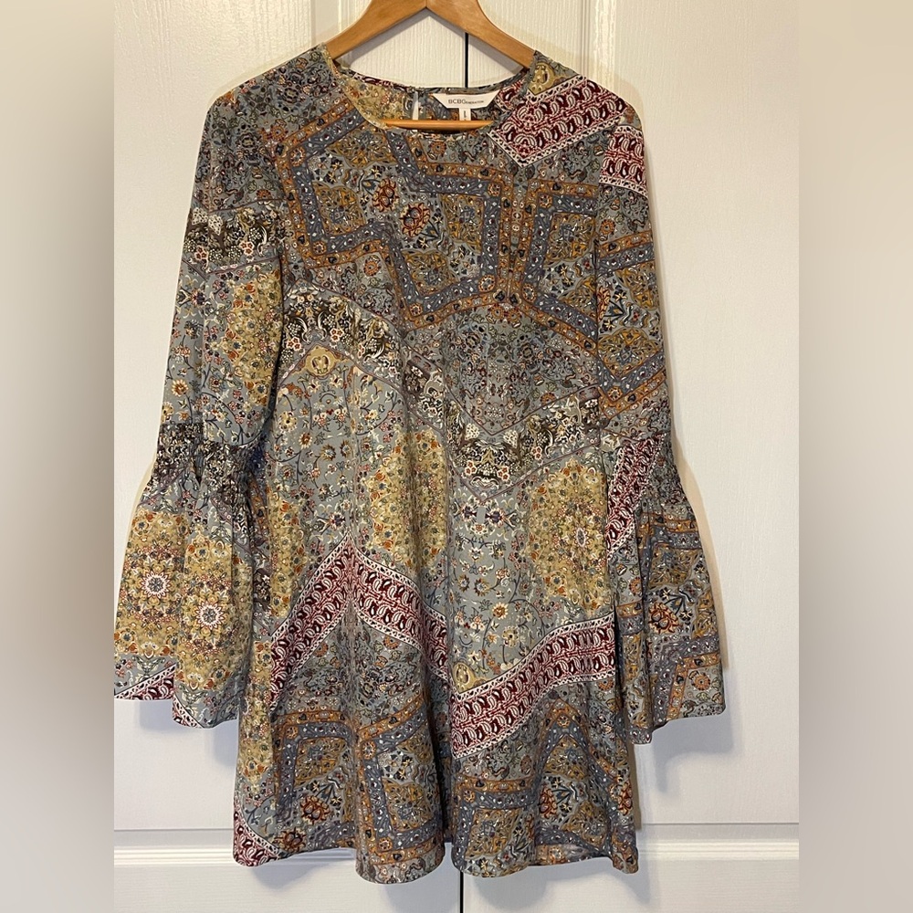 BCBGeneration Green and Blue A-line Dress with Bell Sleeves